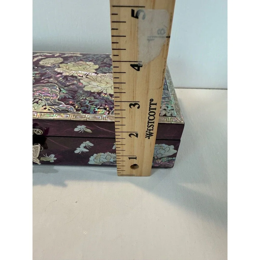 Handmade Korean Mother of Pearl Peony Jewelry Box Wooden Mirror Case Purple